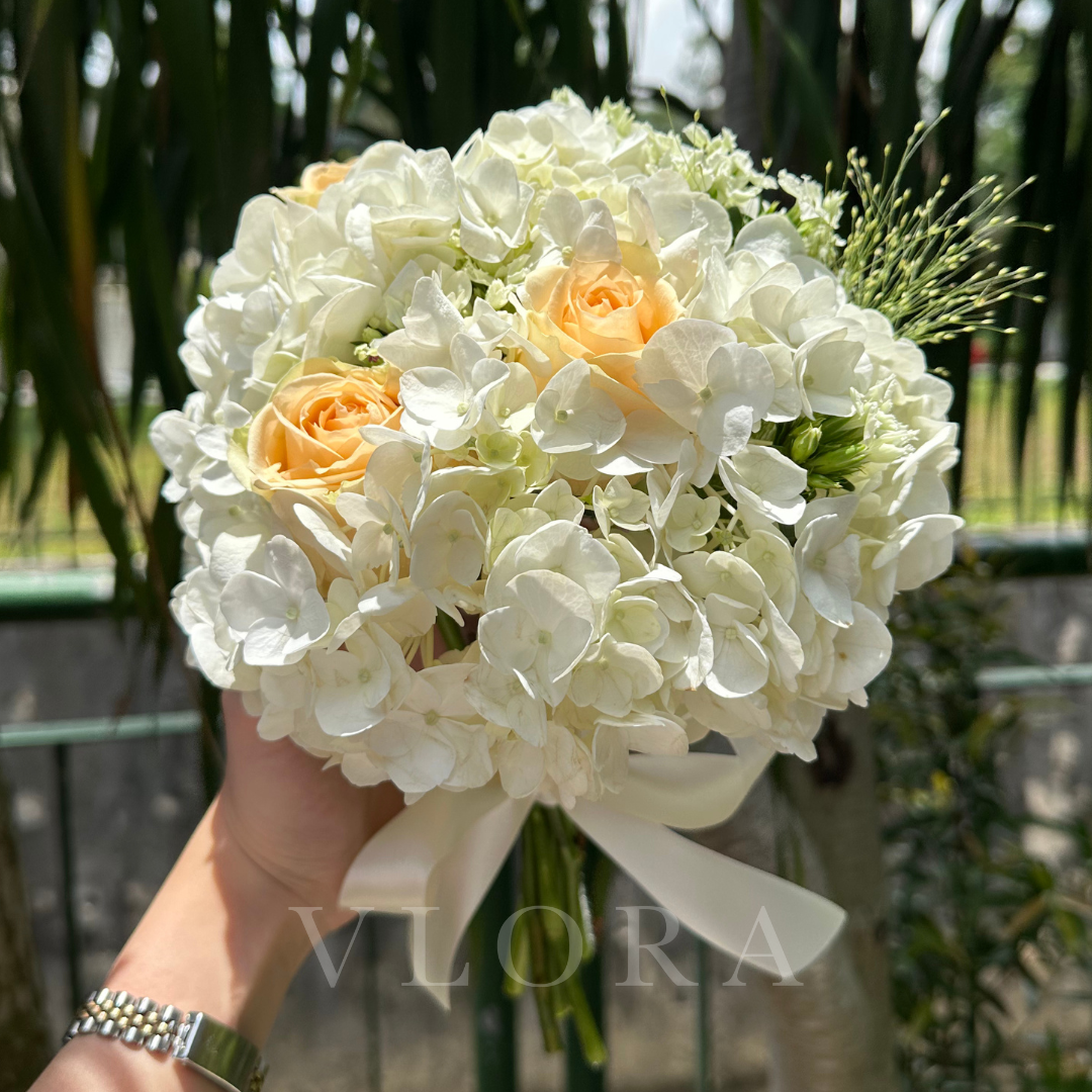 A bridal bouquet, white Hydrangeas, Champagne Roses, tied with a white bow.