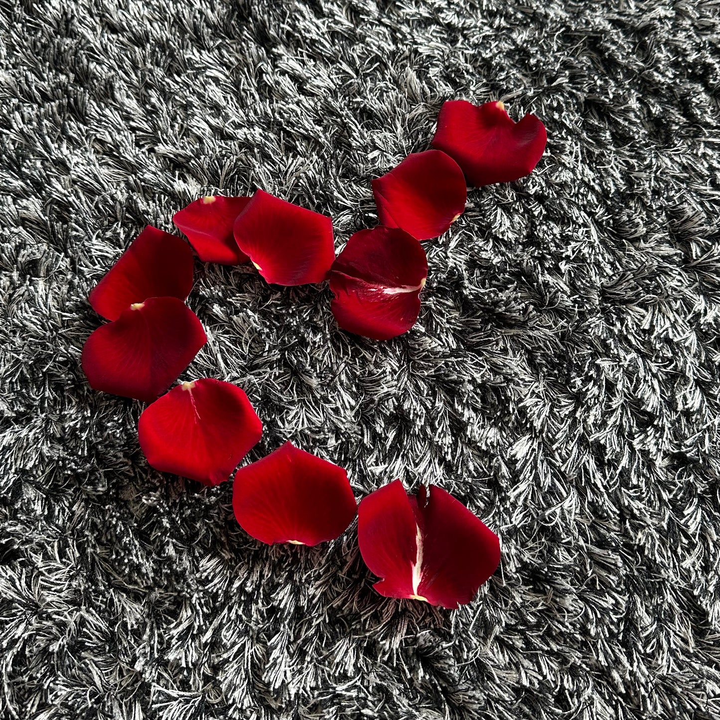 A heart-shaped arrangement of red rose petals.