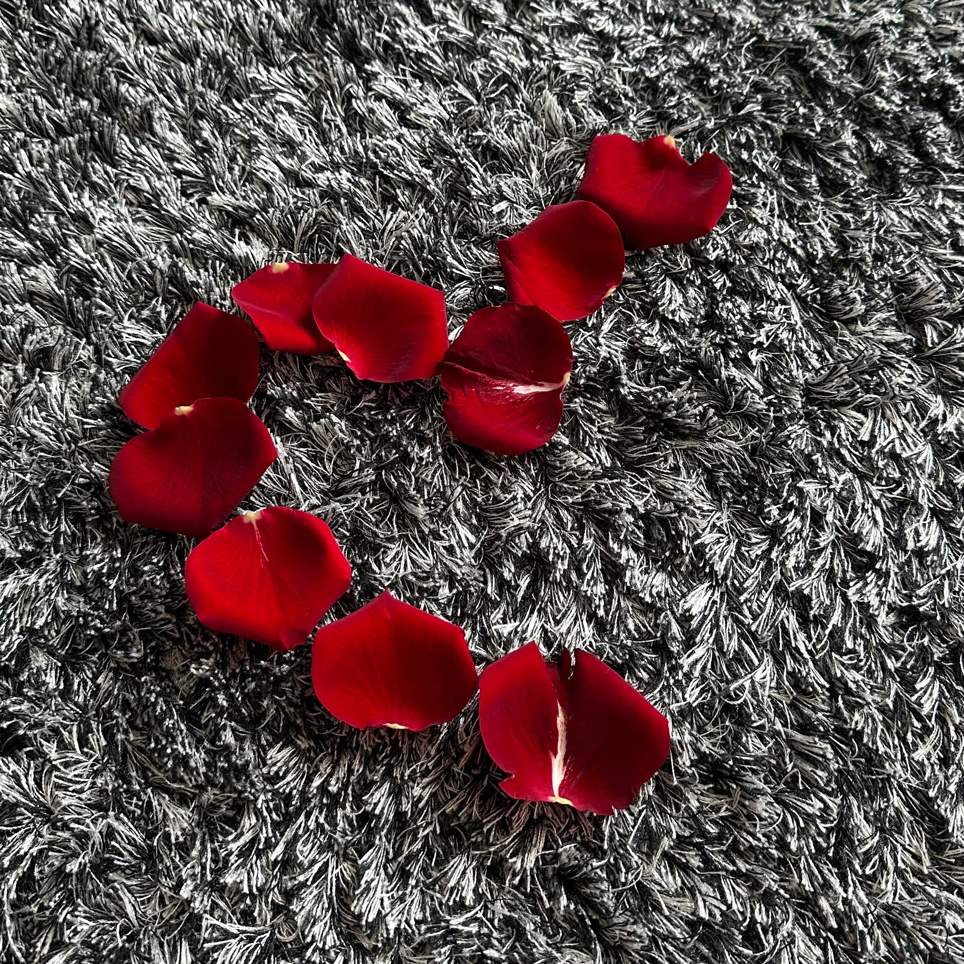 A heart-shaped arrangement of red rose petals.