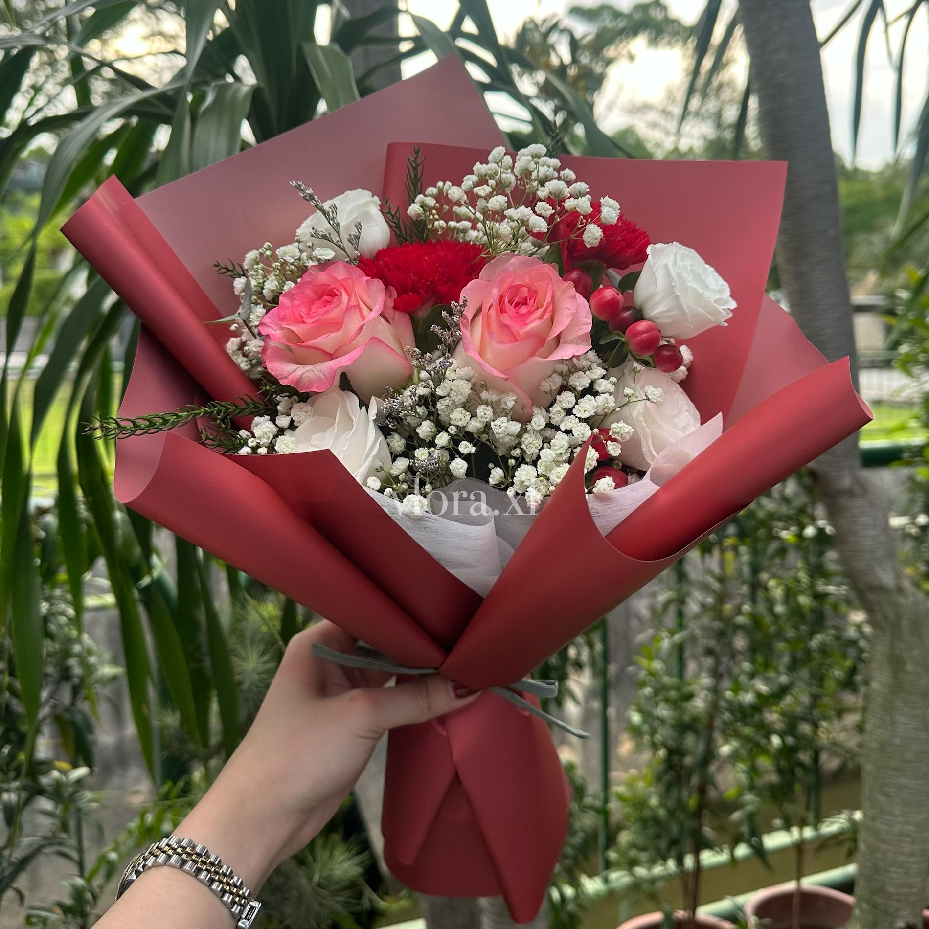 Bouquet of pink and white roses with red accents wrapped in red paper, held by a person outdoors.