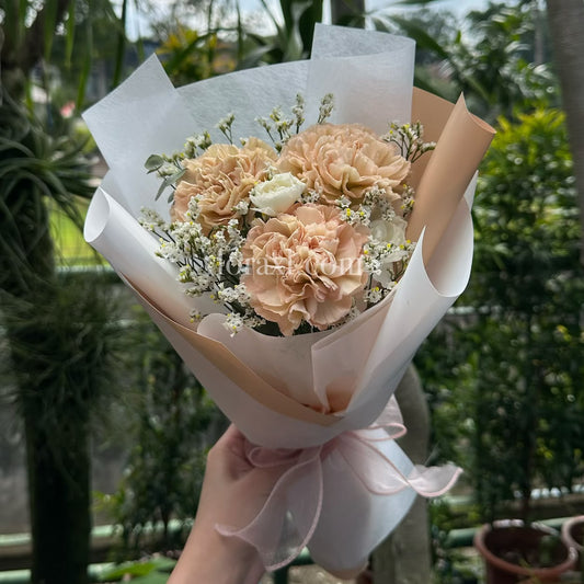 A hand holding a dried flower bouquet with peach and cream carnations, wrapped in white and beige paper with a pink ribbon, set against a background of green potted plants and trees.