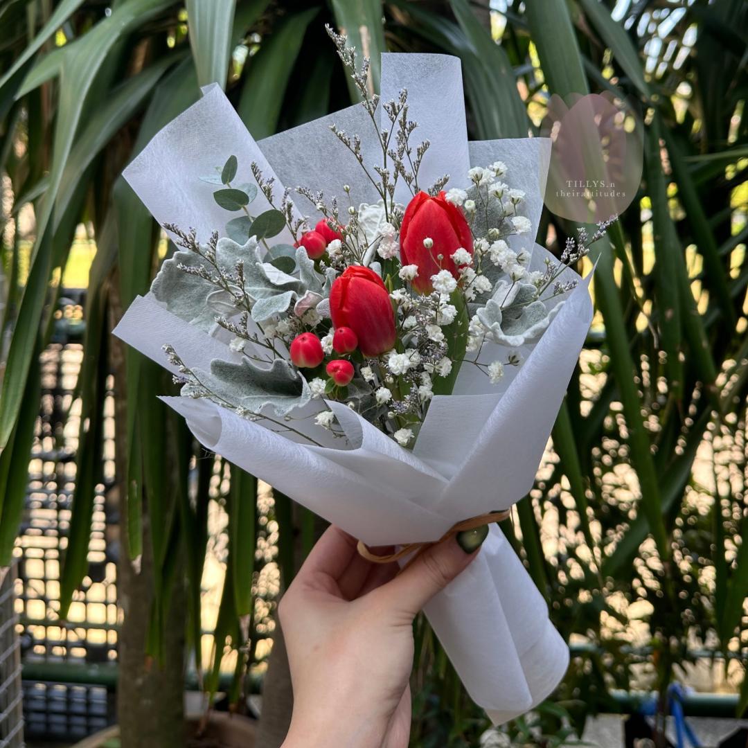 Bouquet of red tulips and greenery held in a hand with a blurred green plant background