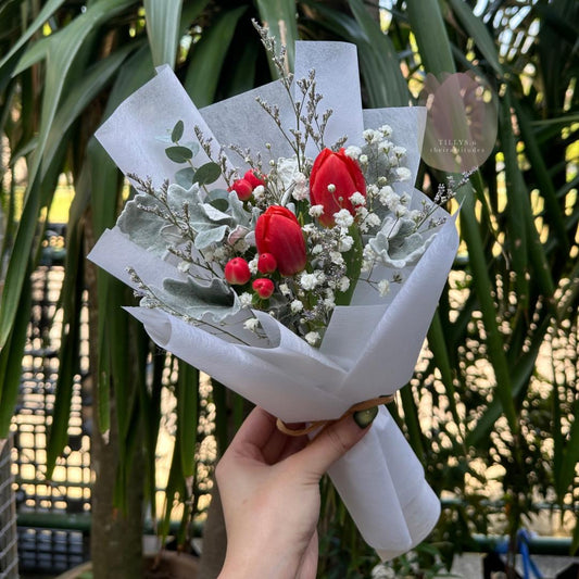 Bouquet of red tulips and greenery held in a hand with a blurred green plant background