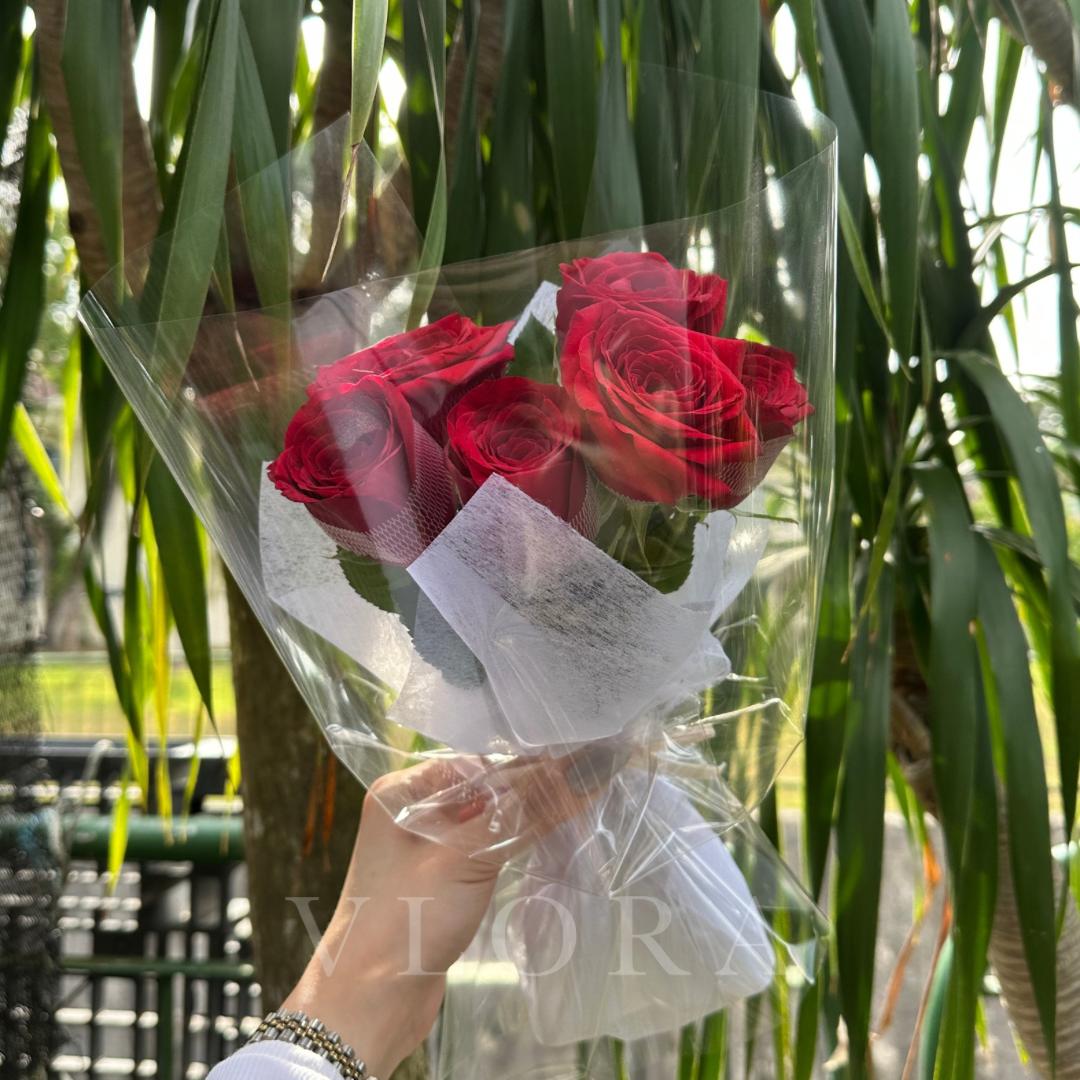 Bouquet of 6 red roses in clear plastic wrap held by a hand with a blurred green outdoor background.