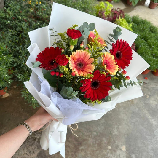 Bouquet of red and orange Gerbera flowers wrapped in white paper held by a person.