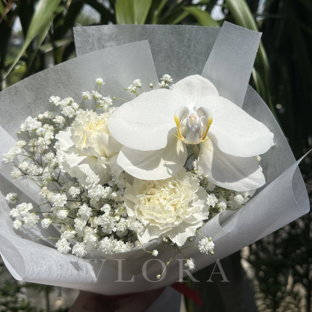 A bouquet of white flowers including a large white orchid, white carnations, and baby's breath, wrapped in translucent white tissue paper and held outdoors with a hand visible at the bottom.