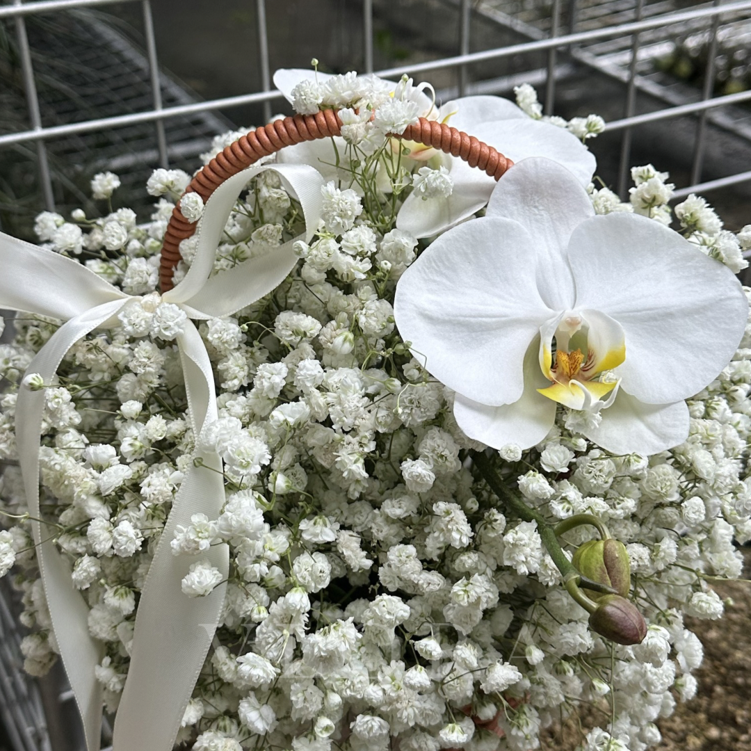 Bouquet of white flowers with a prominent white orchid and baby's breath, held together by a red ribbon.