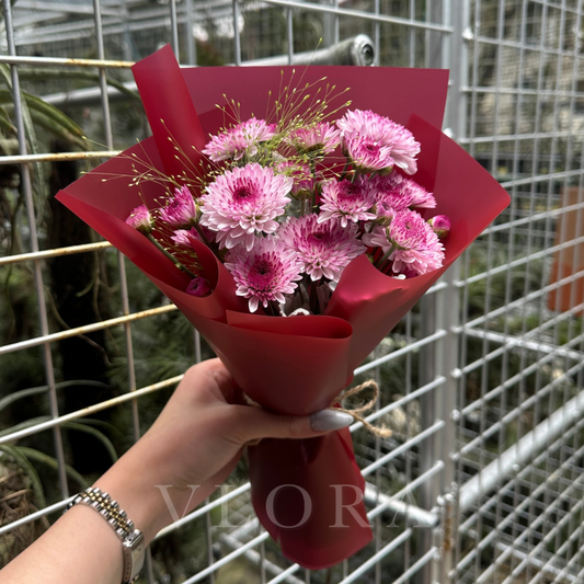 Bouquet of pink flowers wrapped in red paper held by a person against a wire fence background.